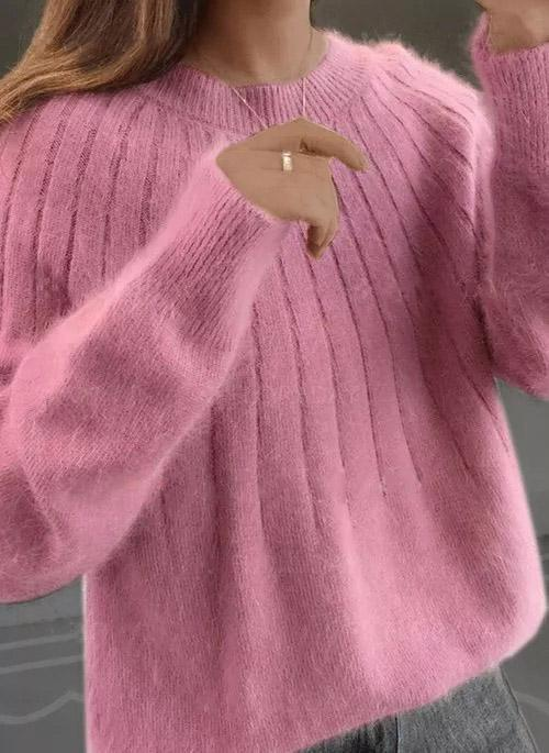 Solid Round Neck Fluffy Knitting Sweater