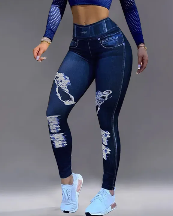 Denim Look High Waist Sports Leggings