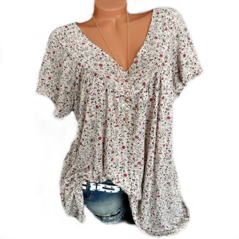 Summer V neck Loose Short sleeve Print Casual Womens T shirt