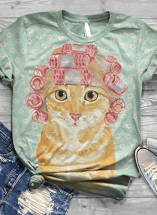 BL10382 Animal Casual Round Neckline Short Sleeve Blouses