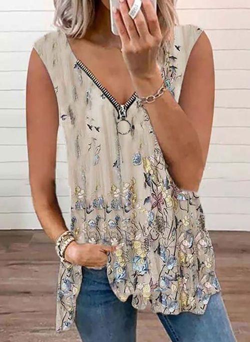 TK100128 Floral Casual V Neckline Sleeveless Blouses