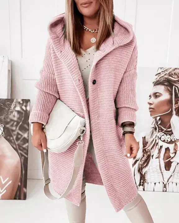 Ribbed Knit Button Up Open Front Hooded Cardigan