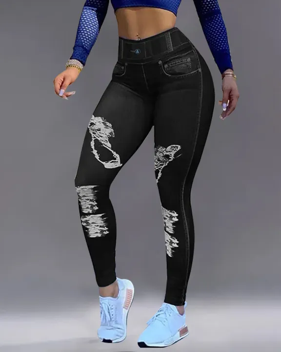 Denim Look High Waist Sports Leggings