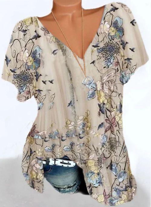 TP10256 Floral V Neckline Short Sleeve Casual T shirts