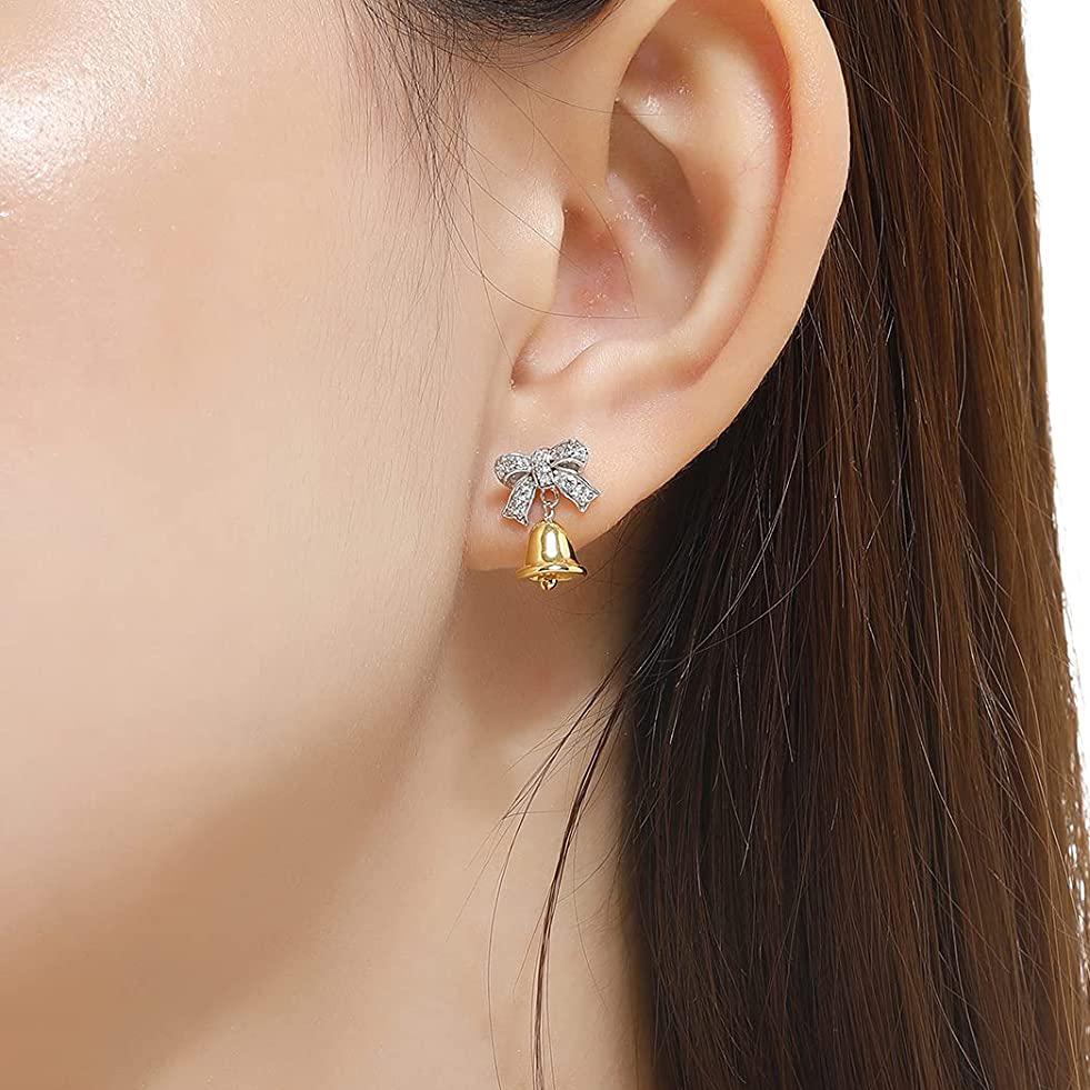 Christmas Bell Bow Silver Stud Earrings