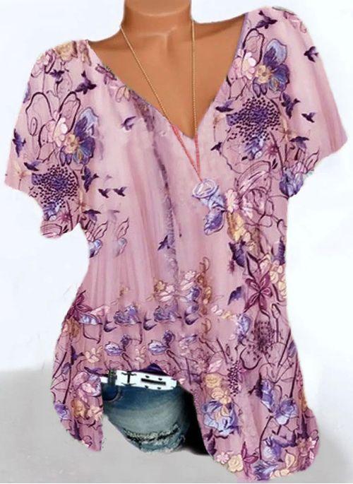 TP10256 Floral V Neckline Short Sleeve Casual T shirts