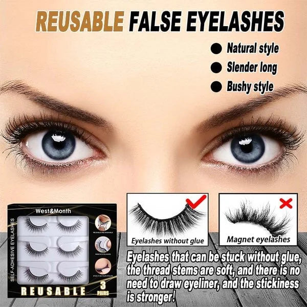 Self adhesive Smooth False Eyelashes (3 pairs)