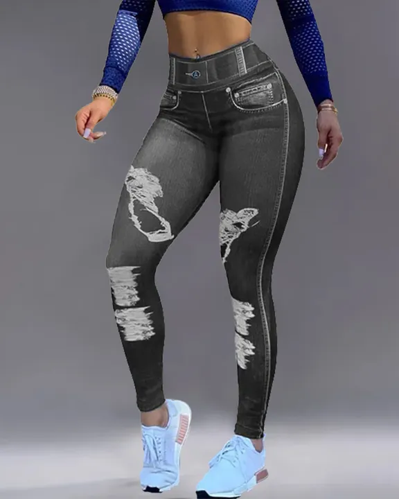 Denim Look High Waist Sports Leggings