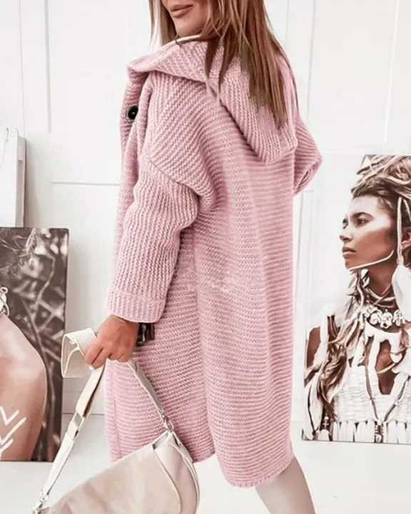 Ribbed Knit Button Up Open Front Hooded Cardigan