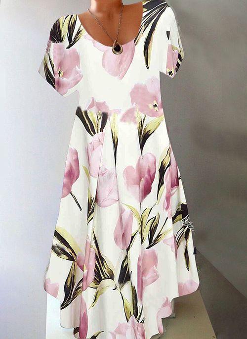 DS11069 Casual Floral Tunic Round Neckline A line Dress