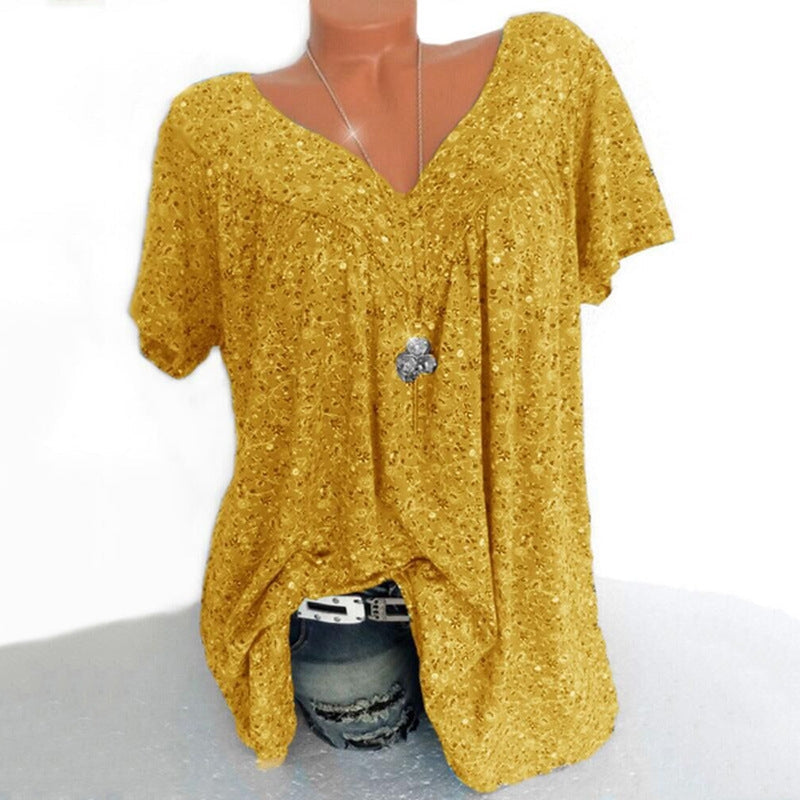 Summer V neck Loose Short sleeve Print Casual Womens T shirt