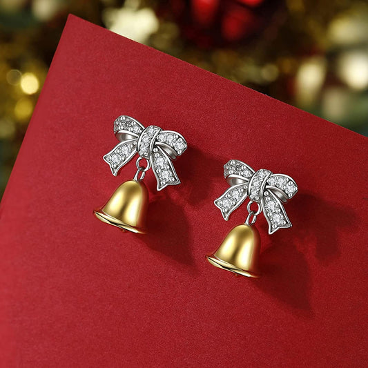 Christmas Bell Bow Silver Stud Earrings