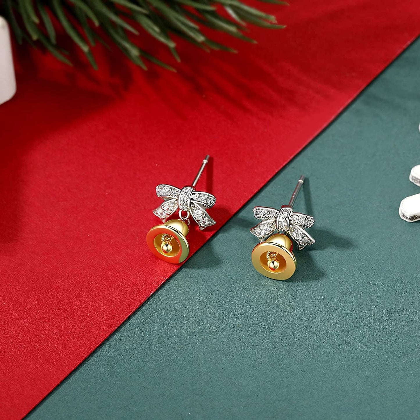 Christmas Bell Bow Silver Stud Earrings