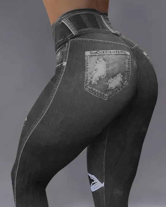 Denim Look High Waist Sports Leggings