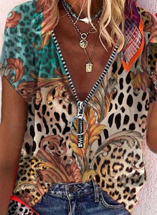 TP10297 Geometric V Neckline Short Sleeve Casual T shirts