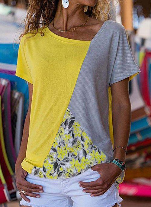 BL10358 Floral Casual V Neckline Short Sleeve Blouses