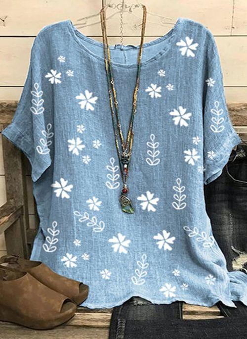 BL10345 Floral Summer Round Neckline Half Sleeve Blouses