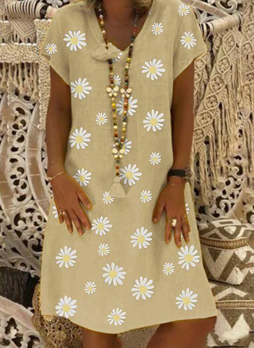 DS11040 Casual Floral Tunic V Neckline A line Dress