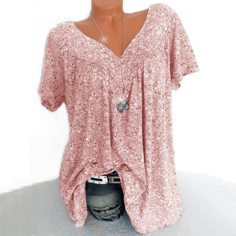 Summer V neck Loose Short sleeve Print Casual Womens T shirt
