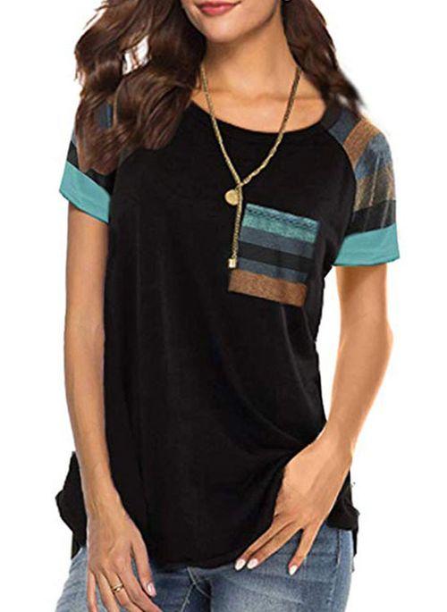 BL10337 Color Block Casual Round Neckline Short Sleeve Blouses