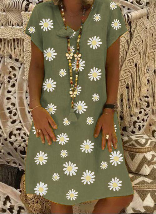 DS11040 Casual Floral Tunic V Neckline A line Dress