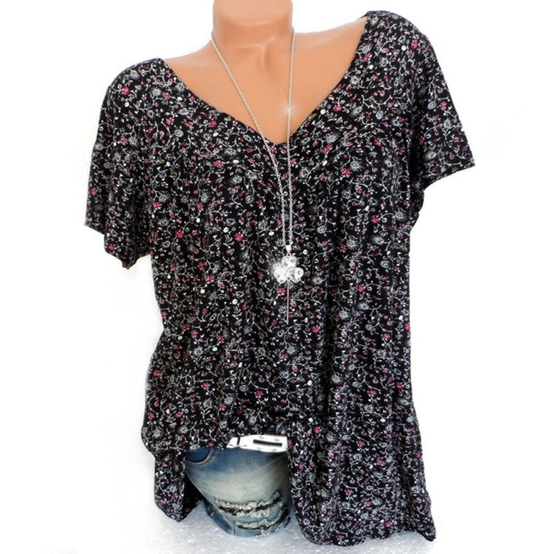 Summer V neck Loose Short sleeve Print Casual Womens T shirt