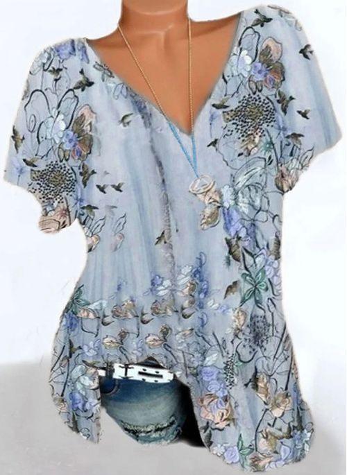 TP10256 Floral V Neckline Short Sleeve Casual T shirts