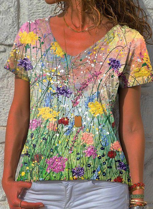 TP10299 Floral V Neckline Short Sleeve Casual T shirts