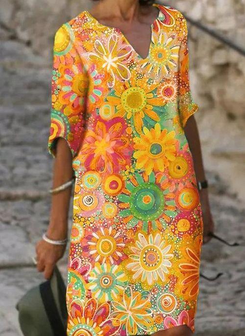 DS11062 Casual Floral Tunic V Neckline A line Dress