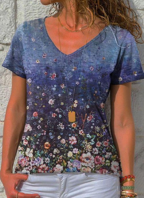 TP10299 Floral V Neckline Short Sleeve Casual T shirts
