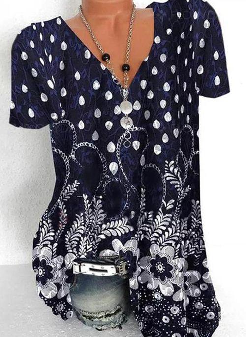 TP10286 Floral V Neckline Short Sleeve Casual T shirts
