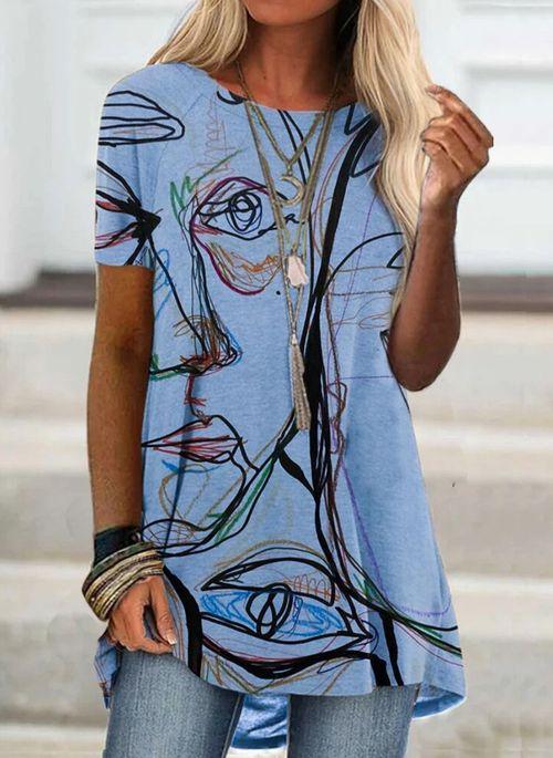 BL10361 Character Casual Round Neckline Short Sleeve Blouses