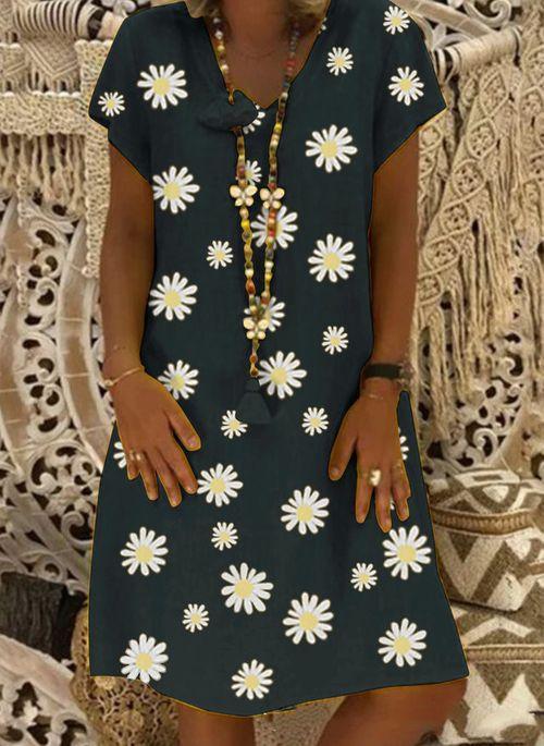 DS11040 Casual Floral Tunic V Neckline A line Dress