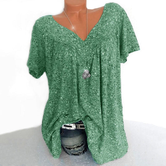 Summer V neck Loose Short sleeve Print Casual Womens T shirt